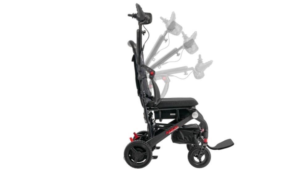 Side view of the Carbon Cruiser Folding Power Wheelchair in black, featuring an illustrated sequence demonstrating the backrest and joystick transitioning to a vertical carrying position.