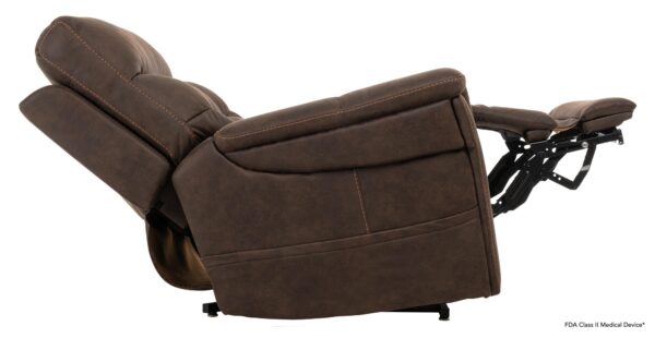 The VivaLift! Radiance Lift Chair in brown leather is fully reclined, displaying its extended footrest and tilted backrest.