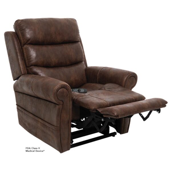 The VivaLift! Tranquil 2 Lift Chair is a brown leather recliner with padded cushions and an extended footrest; a remote control rests on the seat.