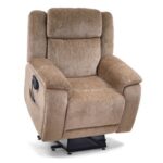 The Halo! Lift Chair is a brown fabric recliner featuring a cushioned backrest, wide armrests, and an electronic control panel on the side for effortless reclining and lifting.