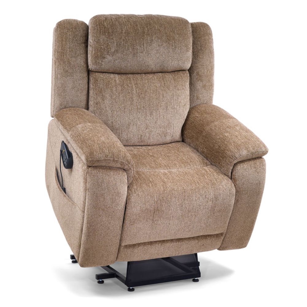 The Halo! Lift Chair is a brown fabric recliner featuring a cushioned backrest, wide armrests, and an electronic control panel on the side for effortless reclining and lifting.