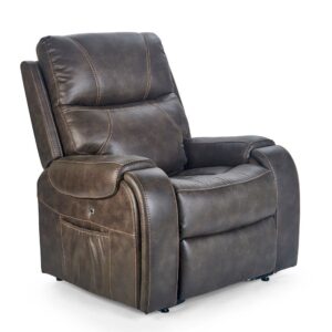 The Titan Lift Chair features dark brown leather upholstery, padded armrests, seat, and backrest, plus a side storage pocket on the left.