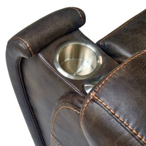 Close-up of the Titan Lift Chair’s brown leather armrest with orange stitching, featuring a built-in metal cup holder.