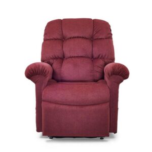 The Cloud Lift Chair w/ MaxiComfort is a plush maroon recliner with padded armrests and a cushioned backrest, shown against a white background.