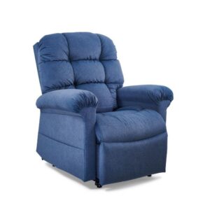 The Cloud Lift Chair w/ MaxiComfort features blue upholstery, padded armrests, a tufted backrest, and a cushioned seat, displayed against a plain white background.