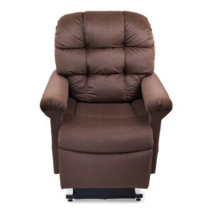 The Cloud Lift Chair w/ MaxiComfort is a brown, plush upholstered recliner with padded arms and a tufted backrest, shown from the front.