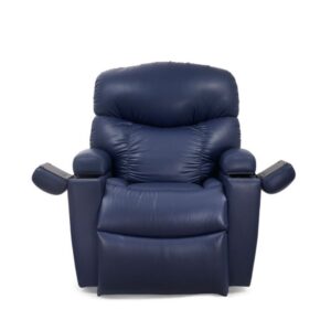 A front view of the Cloud+ with Twilight Lift Chair in dark blue, featuring padded armrests and an overstuffed backrest, set against a white background.