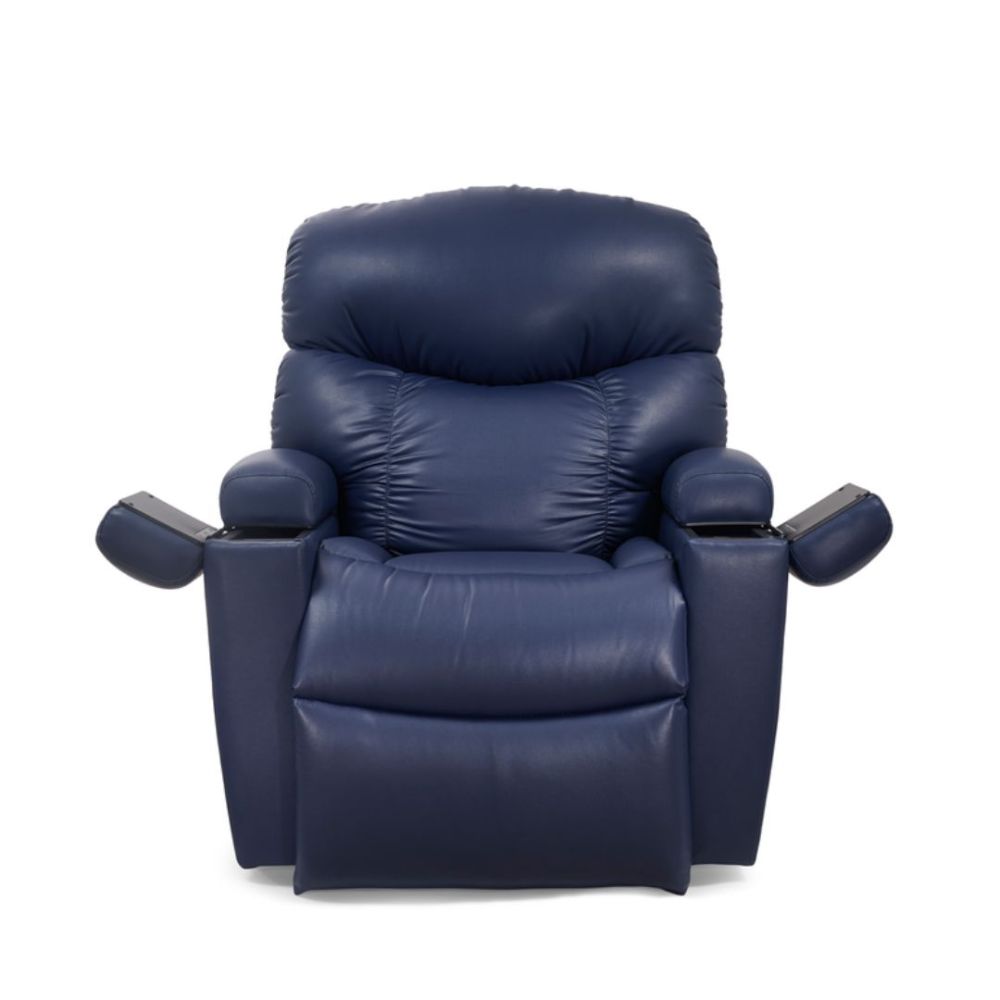 A front view of the Cloud+ with Twilight Lift Chair in dark blue, featuring padded armrests and an overstuffed backrest, set against a white background.