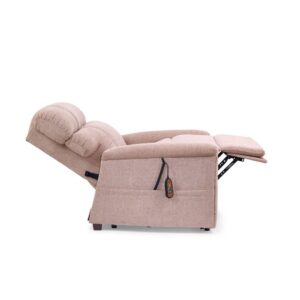 The Comforter Lift Chair, upholstered in beige, is shown fully reclined with its remote control conveniently attached to the side.