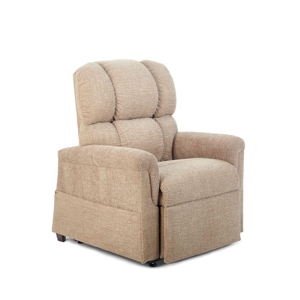 The Comforter with MaxiComfort Lift Chair is a beige upholstered recliner featuring padded armrests and a cushioned backrest for exceptional comfort, shown against a white background.