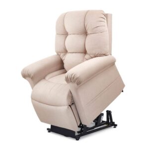The Cloud Lift Chair w/ MaxiComfort features beige upholstery, padded armrests and backrest, and is shown partially lifted on a mechanical base.