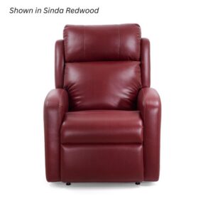 A red EZ Sleeper Slim with Twilight Lift Chair featuring padded armrests and backrest, shown in Sinda Redwood leather, is photographed against a white background.