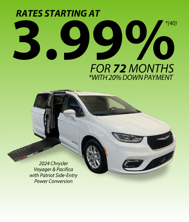A white 2024 Chrysler Voyager & Pacifica with a side-entry wheelchair ramp is shown, promoting 3.99% rates for 72 months with 20% down payment.