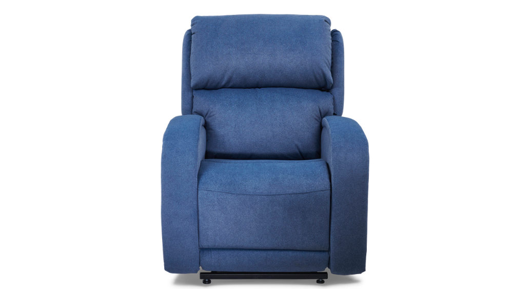 Front view of a blue upholstered EZ Sleeper with Twilight Lift Chair, showcasing padded armrests and backrest on a white background.