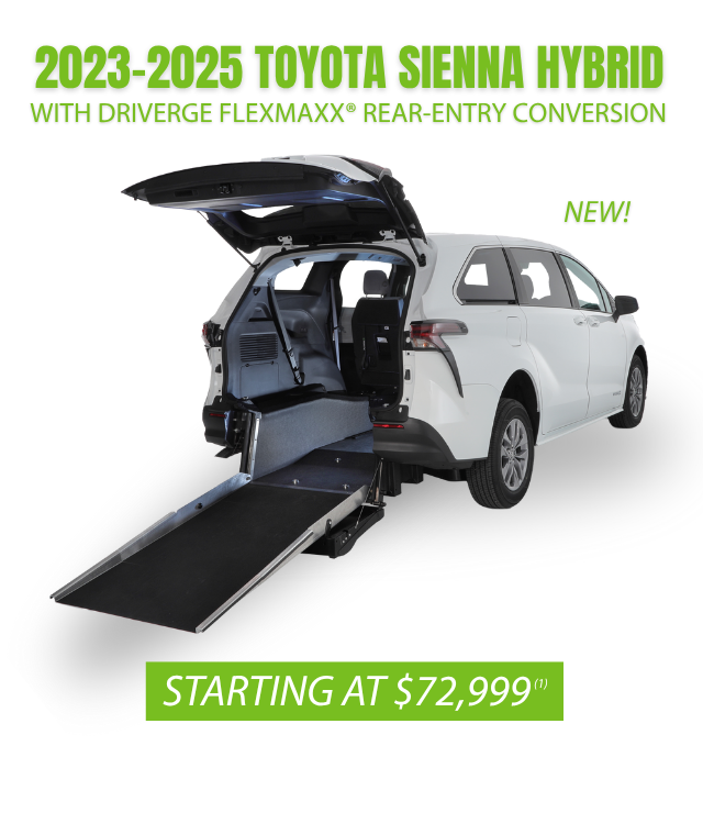 White 2023-2025 Toyota Sienna Hybrid with rear-entry wheelchair ramp extended, showcasing accessible interior. Text highlights new model and starting price of $72,999.