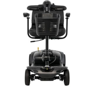 Rear view of a Pride Go Go Ultra X 4-Wheel Gen 3 in black, showing the seat, armrests, and rear wheels, with a basket attached to the back.