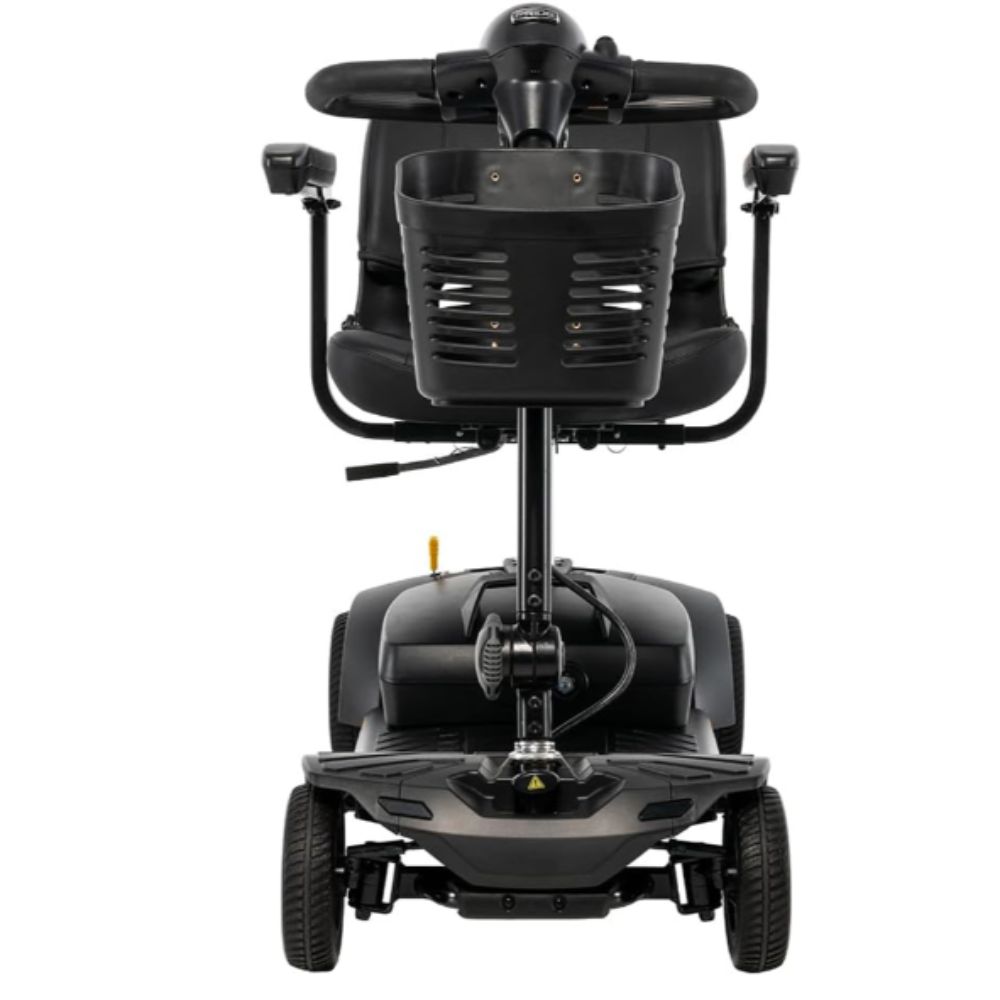 Rear view of a Pride Go Go Ultra X 4-Wheel Gen 3 in black, showing the seat, armrests, and rear wheels, with a basket attached to the back.