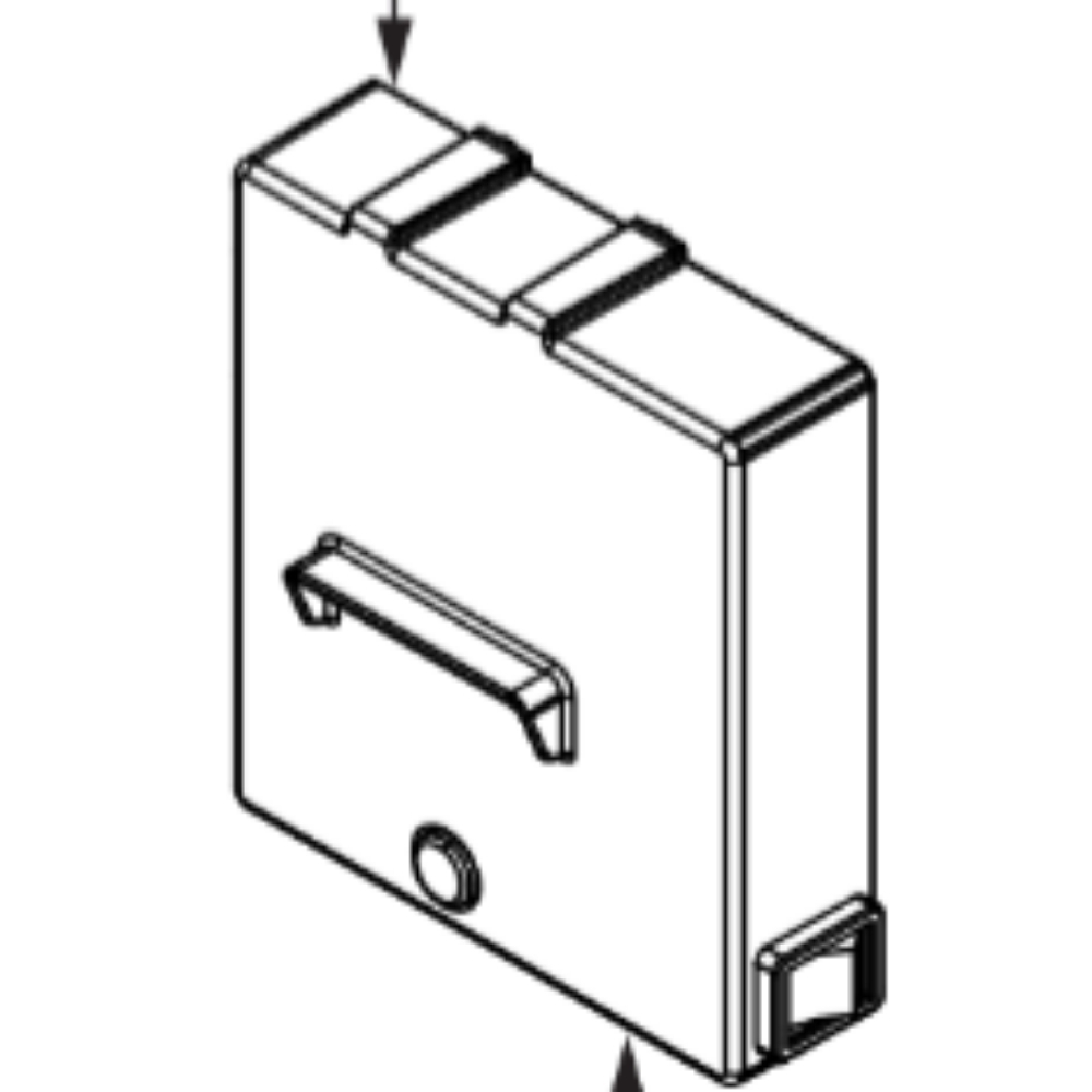 Black and white line drawing of the Pride Jazzy Carbon 27X 10Ah Battery Box Assembly, a rectangular electronic device featuring buttons on top, a clip on one side, and a port or connector on the bottom front edge.