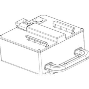 Black and white line drawing of a rectangular electronic device, featuring a handle, ports, buttons, and vented sections on the top and side—resembling the Pride Jazzy Passport 18Ah Lithium-Ion Battery Assembly.