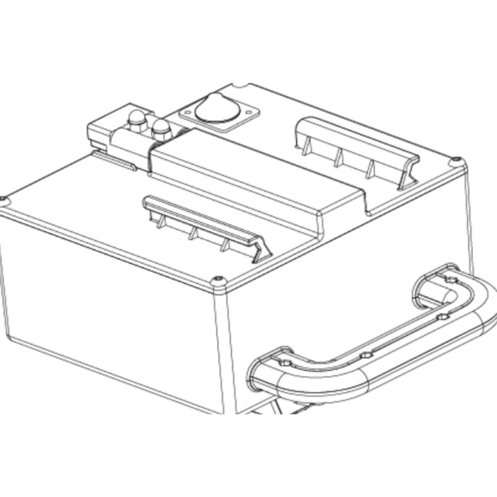 Black and white line drawing of a rectangular electronic device, featuring a handle, ports, buttons, and vented sections on the top and side—resembling the Pride Jazzy Passport 18Ah Lithium-Ion Battery Assembly.