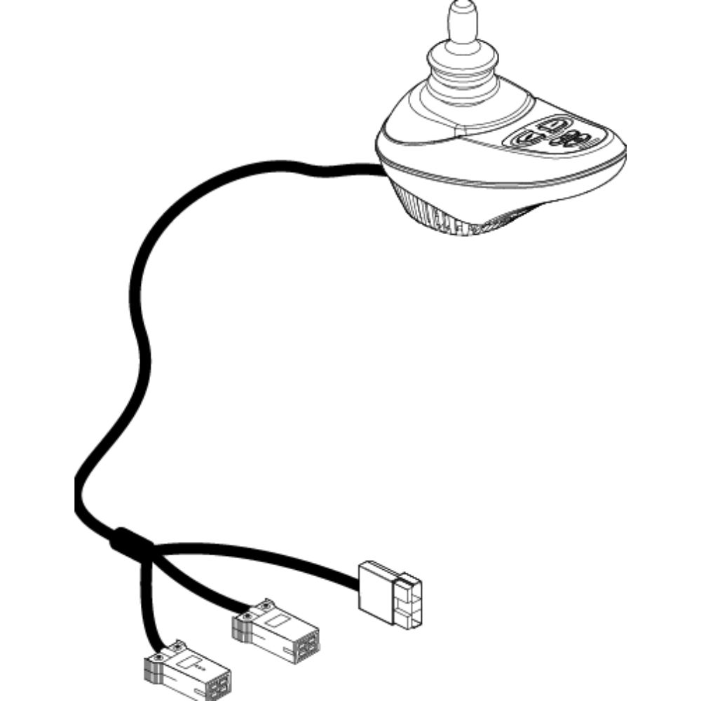 Line drawing of a Pride Jazzy Passport Controller Assembly with Program, showing three attached cables ending in different connectors.