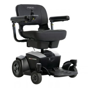 The Go Chair Power Wheelchair features a black frame, joystick control, padded seat, armrests, and a footrest. The chair displays the signature Pride and Go Chair logos.
