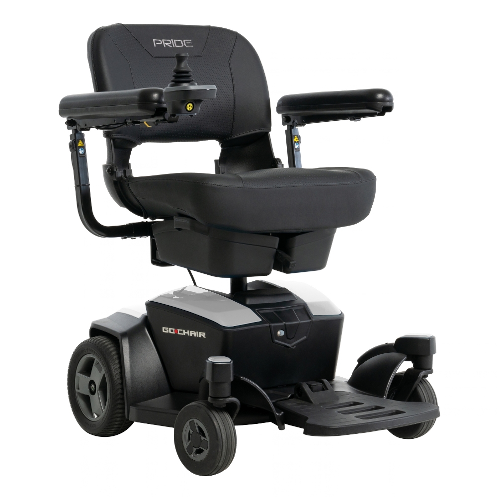 The Go Chair Power Wheelchair features a black frame, joystick control, padded seat, armrests, and a footrest. The chair displays the signature Pride and Go Chair logos.