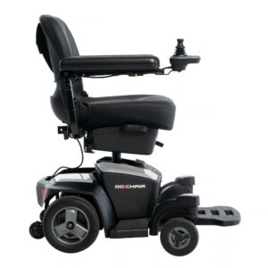 Go Chair Power Wheelchair featuring armrests, a joystick control mounted on the right arm, a footrest, and large rear wheels, with the Go Chair logo displayed on the side.