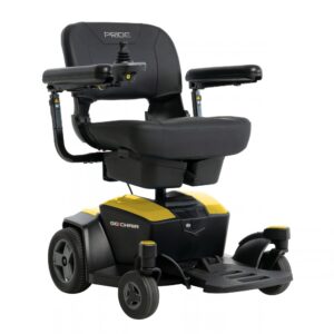 A black and yellow Go Chair Power Wheelchair featuring joystick controls, with “Pride” on the headrest and “Go Chair” on the base, offers reliable mobility and modern convenience.