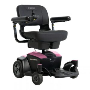 A black and pink Go Chair Power Wheelchair with armrests, a joystick control on the right armrest, and four wheels. The Pride brand is visible on the backrest.