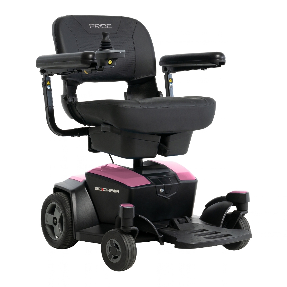 A black and pink Go Chair Power Wheelchair with armrests, a joystick control on the right armrest, and four wheels. The Pride brand is visible on the backrest.
