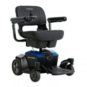 A black and blue Go Chair Power Wheelchair with armrests, a joystick control on the right arm, and four wheels, displayed against a white background.
