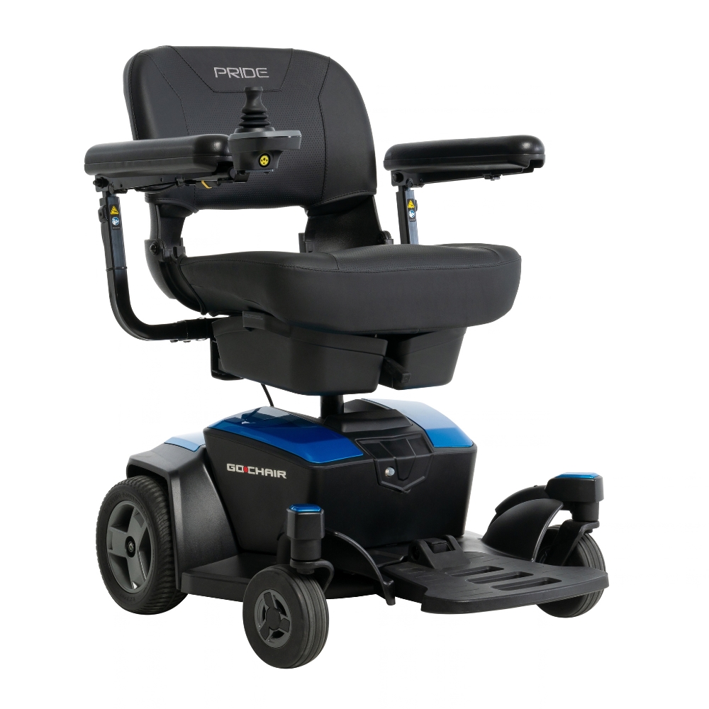 A black and blue Go Chair Power Wheelchair with armrests, a joystick control on the right arm, and four wheels, displayed against a white background.