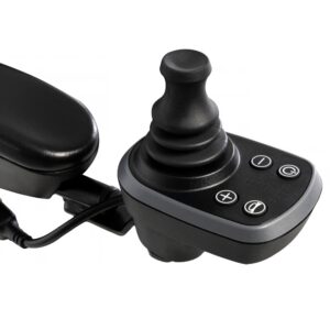 Close-up of a black joystick controller with three buttons, attached to the armrest of a Go Chair Power Wheelchair.