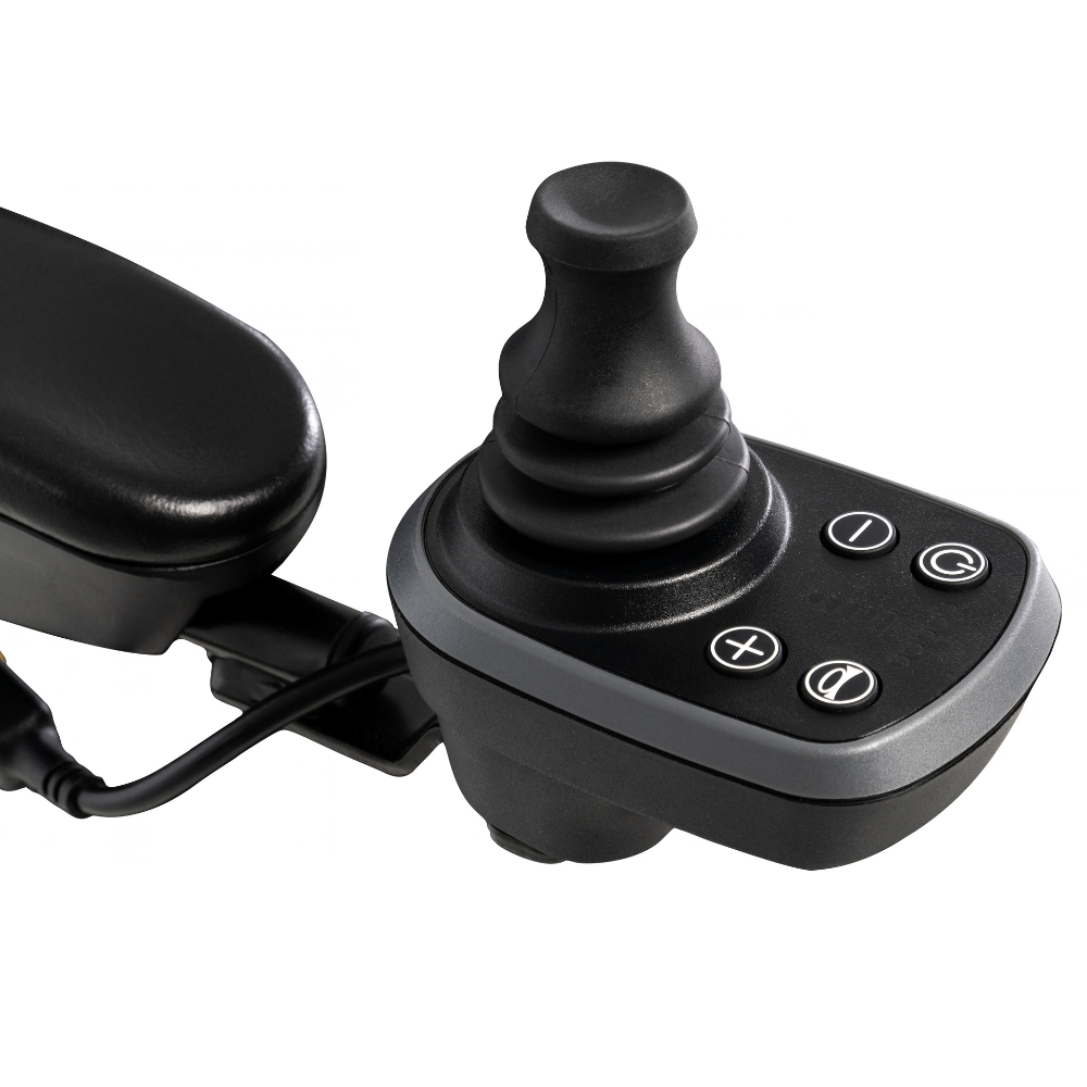 Close-up of a black joystick controller with three buttons, attached to the armrest of a Go Chair Power Wheelchair.