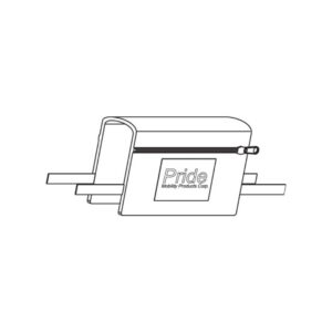 Black and white line drawing of the Pride Mobility Saddle Bag 11 3/4" x 17", featuring a zipper, logo, and attachment straps.