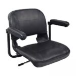 17 Folding Seat for Pride Mobility Travel Scooters with black padded seat, armrests, metal frame, and left-side lever; designed for easy installation on compatible scooters.