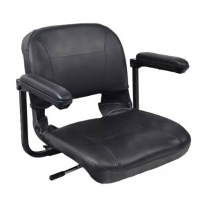 17 Folding Seat for Pride Mobility Travel Scooters with black padded seat, armrests, metal frame, and left-side lever; designed for easy installation on compatible scooters.