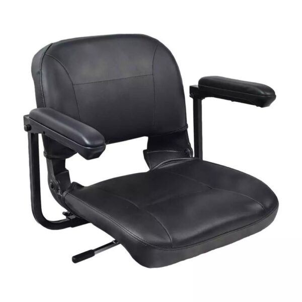 17 Folding Seat for Pride Mobility Travel Scooters with black padded seat, armrests, metal frame, and left-side lever; designed for easy installation on compatible scooters.