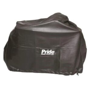 An All-Weather Cover for Pride Mobility Scooters, featuring the Pride Mobility logo, is draped over an object, likely a mobility scooter.