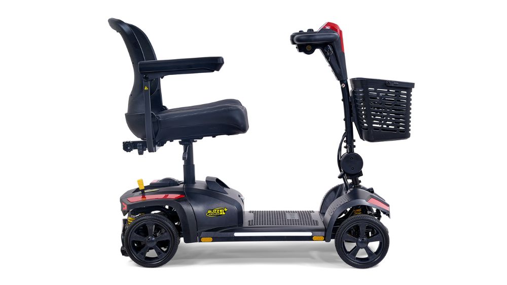 Side view of a black Buzzaround XL+ 4-Wheel Scooter featuring a seat, armrests, front basket, and handlebar controls.