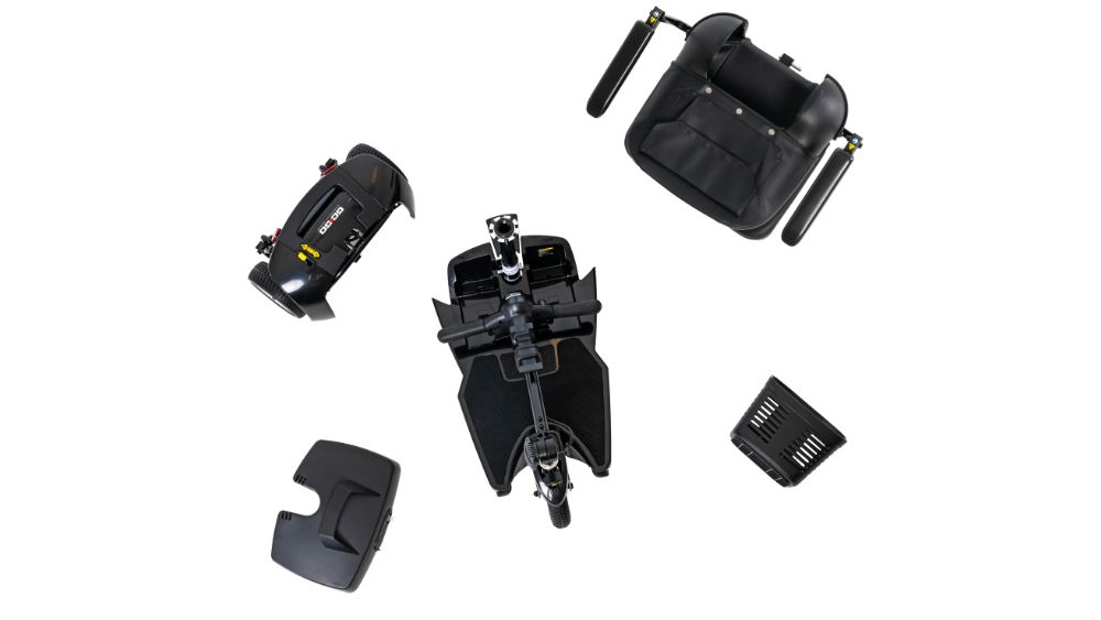 Disassembled Go Go® Ultra X 3-Wheel Scooter parts arranged on a white background, including the seat, base, battery, and storage compartment.