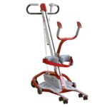 The Molift Quick Raiser 1 is a red and silver portable patient lift with wheels, ergonomic handles, and a supportive seat for easy individual transfers.