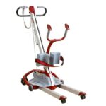 The Molift Quick Raiser 2 is a patient lift in striking red and gray, equipped with a wheeled base, handlebar, and arm supports designed for safe and easy individual transfers.