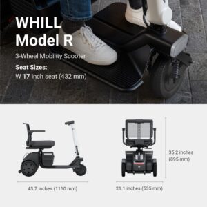 A person is seated on a sleek black WHILL Model R 3-Wheel, a mobility scooter featuring a comfortable seat with a 17-inch width; the diagram below provides detailed dimensions of the scooter.