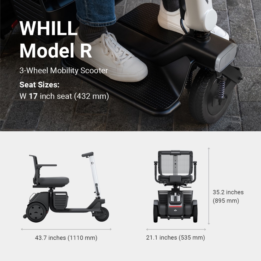A person is seated on a sleek black WHILL Model R 3-Wheel, a mobility scooter featuring a comfortable seat with a 17-inch width; the diagram below provides detailed dimensions of the scooter.