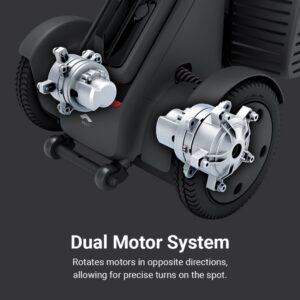 Close-up of the WHILL Model R 3-Wheel’s dual motor system, showing two motors positioned on either side of a wheel to demonstrate its precise turning mechanism. Text highlights how the motors can rotate in opposite directions for enhanced maneuverability.