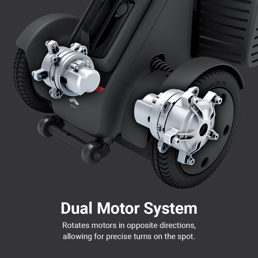Close-up of the WHILL Model R 3-Wheel’s dual motor system, showing two motors positioned on either side of a wheel to demonstrate its precise turning mechanism. Text highlights how the motors can rotate in opposite directions for enhanced maneuverability.