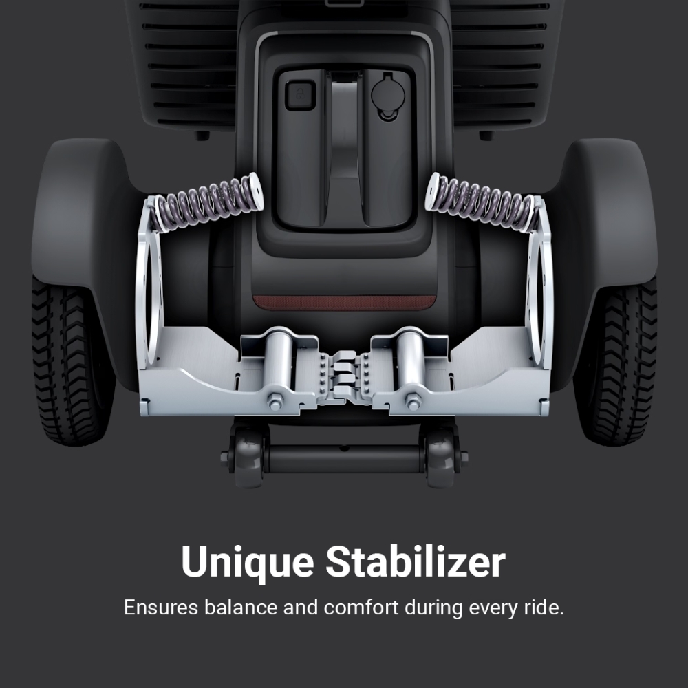Close-up of the stabilizer mechanism with springs and wheels on the WHILL Model R, engineered to provide balance and comfort for this personal transportation device. Text below describes its purpose.