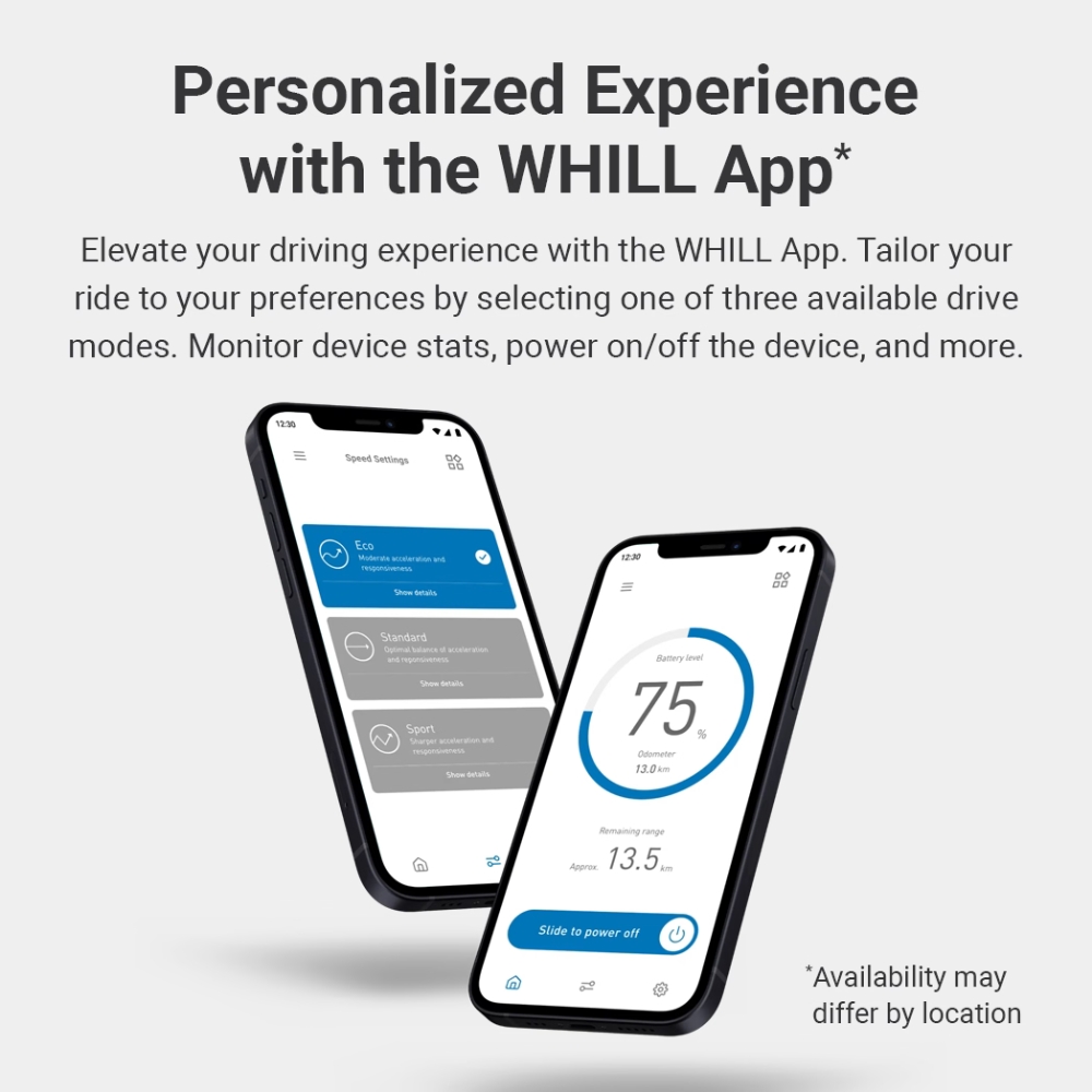 Two smartphones display the WHILL Model R app interface, showcasing drive mode options and device statistics on their screens. Text above highlights the app’s personalized driving experience features.